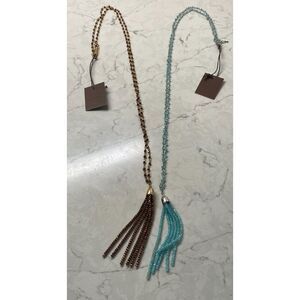 Lovoda Women's Fashion Teal Blue & Brown Beaded Tassel Pendant Necklace Lot of 2